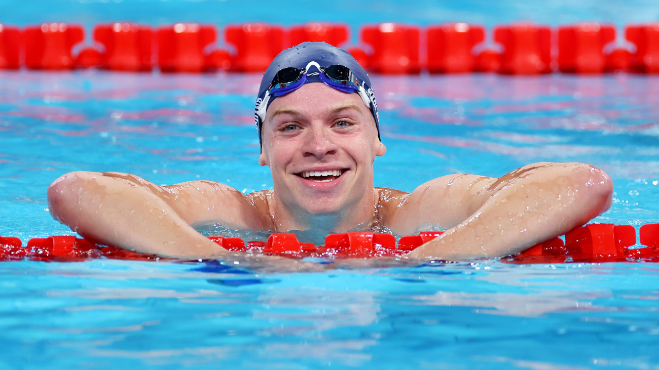 NANTERRE, FRANCE - JULY 28: Leon Marchand of Team France reacts after competing in the Menâs 400m Individual Medley Heats on day two of the Olympic Games Paris 2024 at Paris La Defense Arena on July 28, 2024 in Nanterre, France. (Photo by Sarah Stier/Getty Images)