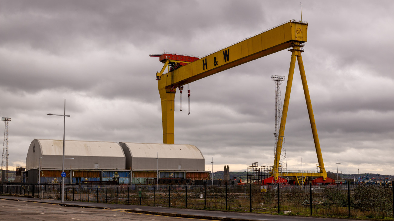 One of the iconic Harland & Wolff Samson and Goliath yellow gantry cranes in Belfast, Northern Ireland, UK, on Thursday, Feb. 2, 2023. Theres a huge opportunity to revitalize shipbuilding in the UK. Shipyards fail because they focus on one market and when that market takes a dive or theres a quiet period, theres not enough work, said John Wood, chief executive officer of Harland & Wolff Group Holdings Plc. Photographer: Paulo Nunes dos Santos/Bloomberg via Getty Images