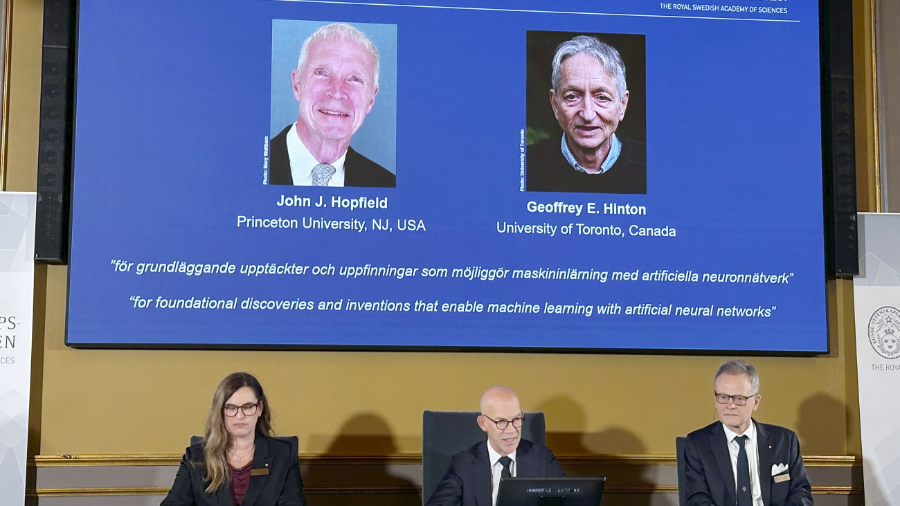 The winners of the 2024 Nobel Prize in Physics, John Hopfield and Geoffrey Hinton, are announced at a press conference by the Royal Swedish Academy of Sciences in Stockholm on Oct. 8, 2024.