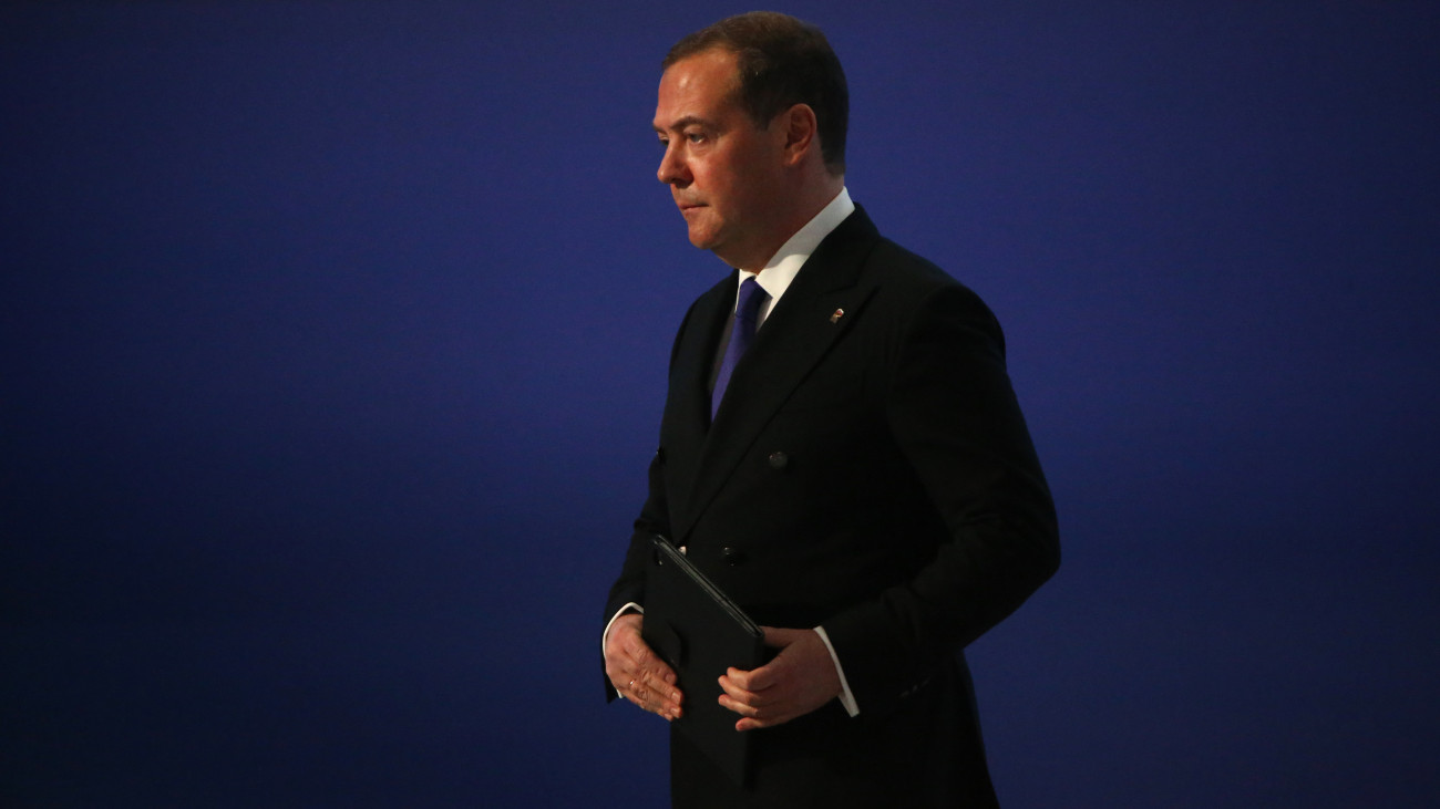 MOSCOW, RUSSIA - DECEMBER,4 (RUSSIA OUT): The United Russia Party Leader Dmitry Medvedev leaves the scene during the Congress of The United Russia Party, on December,4,2021, in Moscow, Russia. Members of Kremlin-backed party, marking its 20th anniversary, gathered in Moscow for a party congress despite the rise of the coronavirus pandemic. (Photo by Mikhail Svetlov/Getty Images)