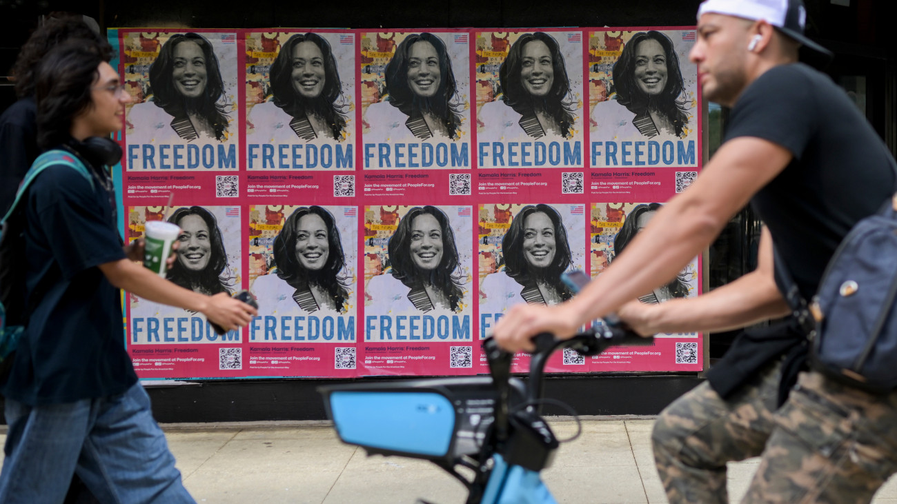 Posters with the image of US Vice President Kamala Harris during the Democratic National Convention (DNC) in Chicago, Illinois, US, on Thursday, Aug. 22, 2024. The Democratic National Convention this week marks the ceremonial crowning of Vice President Kamala Harris and Minnesota Governor Tim Walz as the partys presidential nominees, capping off a whirlwind month for Democrats who quickly coalesced behind the new ticket after President Joe Biden dropped out of the race in July. Photographer: Victor J. Blue/Bloomberg via Getty Images