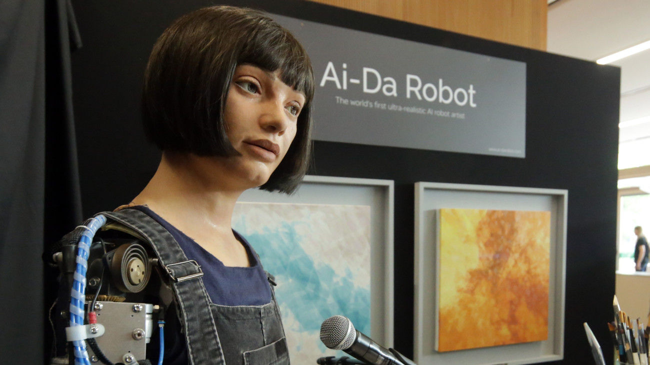 GENEVA, SWITZERLAND - JULY 07: Ai-Da Robot is the first AI powered Robot Artist and is pictured during the UN Global Summit on AI for Good, where they are giving the keynote speech, on July 07, 2023 in Geneva, Switzerland. (Photo by Johannes Simon/Getty Images for Aidan Meller)