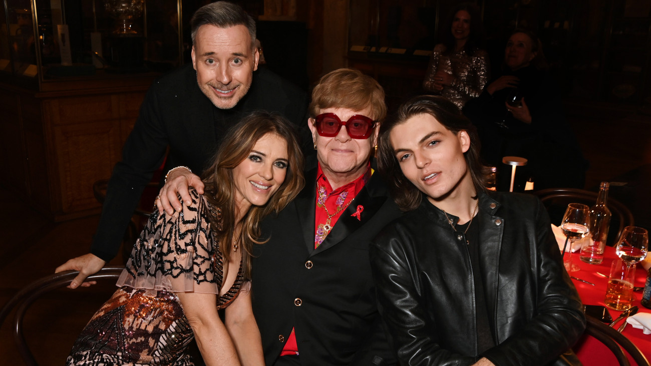 LONDON, ENGLAND - DECEMBER 01: (L to R) David Furnish, Elizabeth Hurley, Sir Elton John and Damian Hurley attend The Devil Wears Prada Musical charity gala night after party in support of the Elton John Aids Foundation at The British Museum on December 1, 2024 in London, England. (Photo by Dave Benett/Getty Images for The Devil Wears Prada Musical)