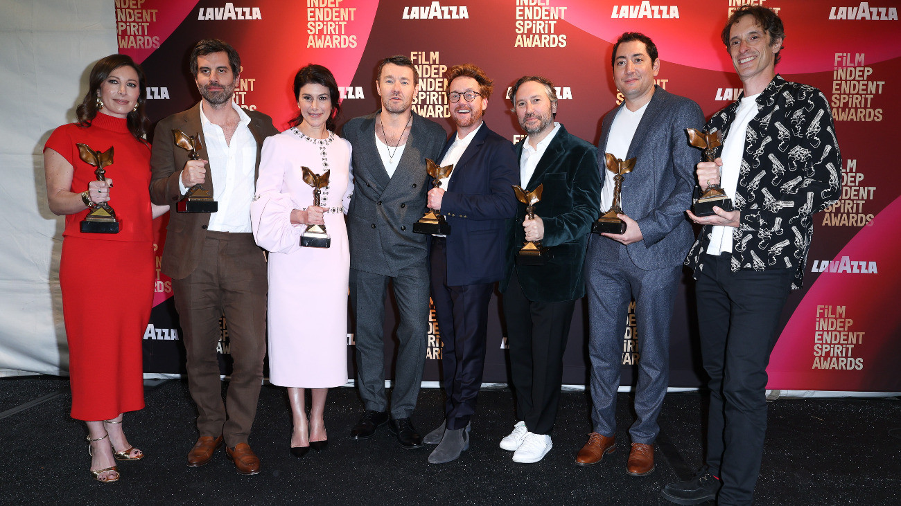 Ashley Schlaifer, Adolpho Veloso, Marissa McMahon, Joel Edgerton, Clint Bentley, Teddy Schwarzman, Michael Heimler and Will Janowitz winners of Best Feature for Train Dreams at the 2026 Film Independent Spirit Awards held at the Hollywood Palladium on February 15, 2026 in Los Angeles, California. (Photo by JC Olivera/Variety via Getty Images)