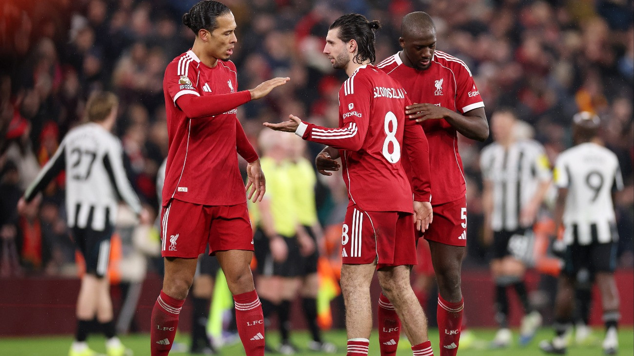 LIVERPOOL, ENGLAND - JANUARY 31:  and Ibrahima Konate of Liverpool celebrates victory following the Premier League match between Liverpool and Newcastle United at Anfield on January 31, 2026 in Liverpool, England. (Photo by Stu Forster/Getty Images)